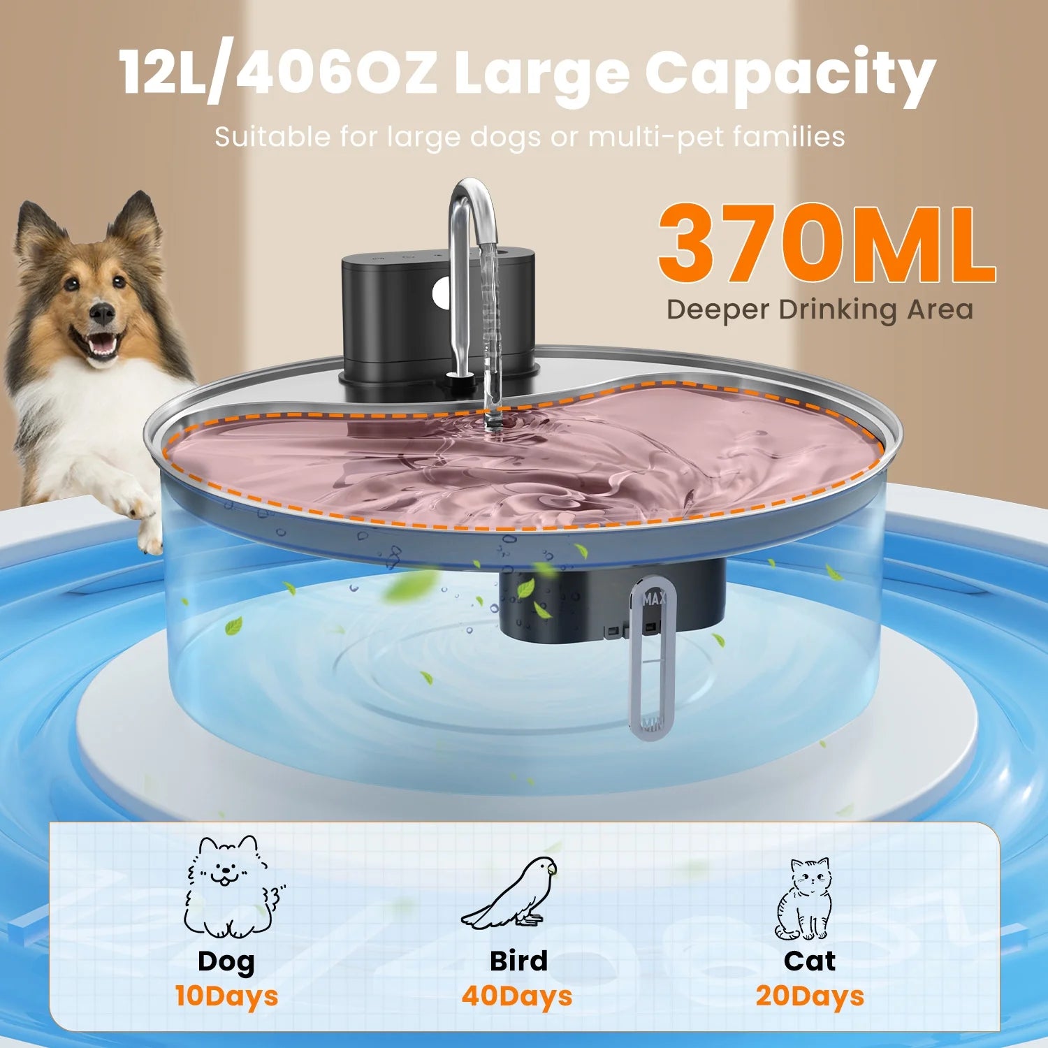 Stainless Steel Pet Water Fountain — 12L, 3 Modes