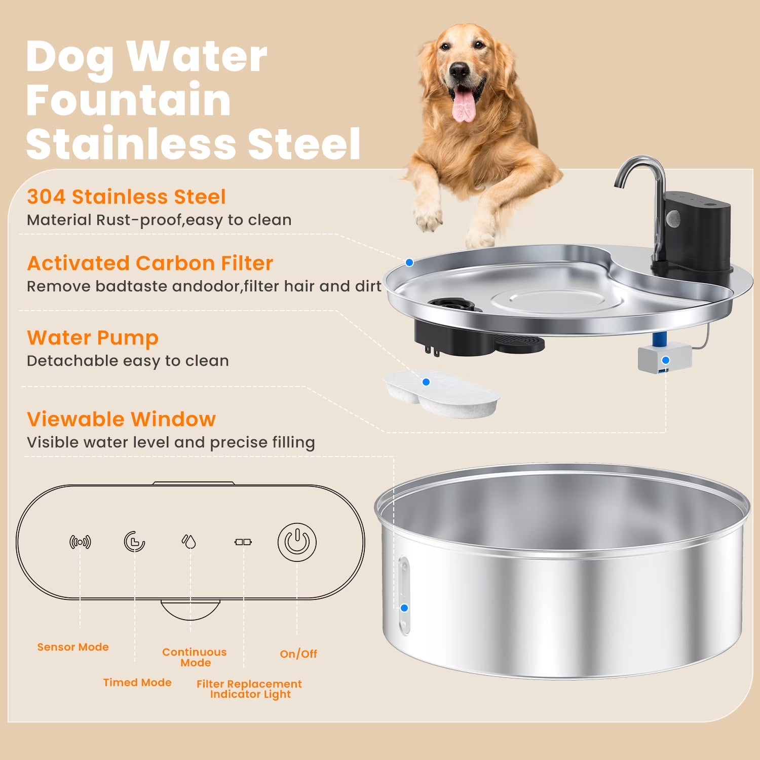 Stainless Steel Pet Water Fountain — 12L, 3 Modes